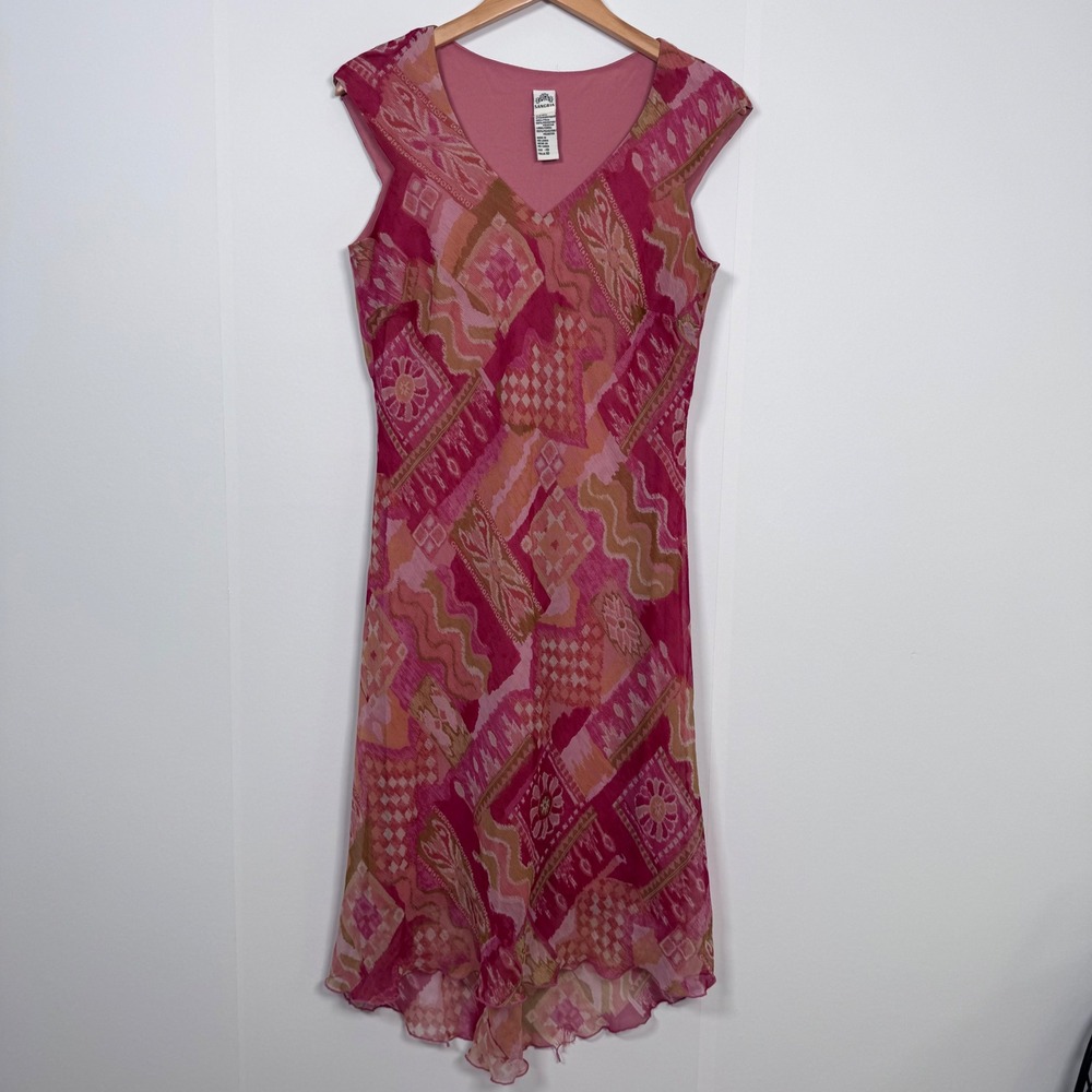 Y2K Pink Midi Dress 10 Abstract Handkerchief Hem Fairy Grunge Boho Whimsigoth